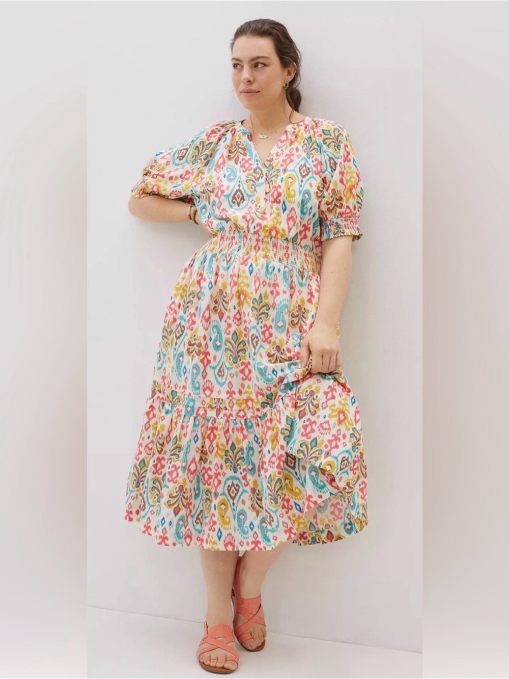 Anthropologie Floral Paisley Midi Dress Size L Modest Boho Ikat